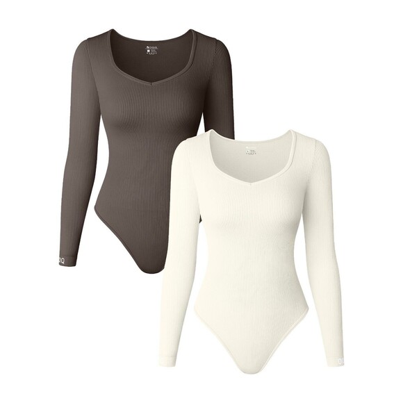 OQQ Tops - OQQ Two Piece Bodysuits Small Slimming Ribbed One Piece V-Neck Long Sleeve NEW